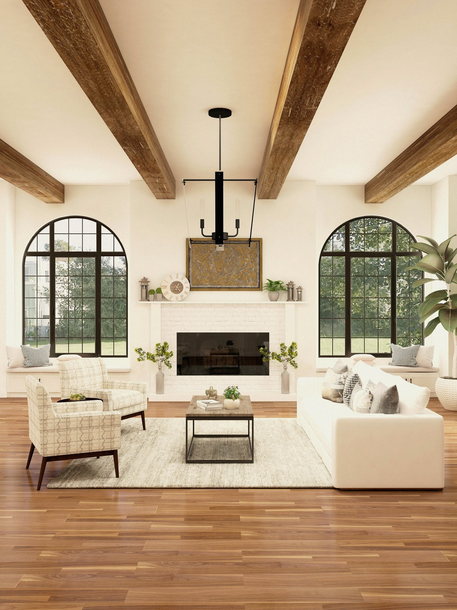 The vaulted grand salon at Villa Cap d'Antibes, with oak beams and arched windows.