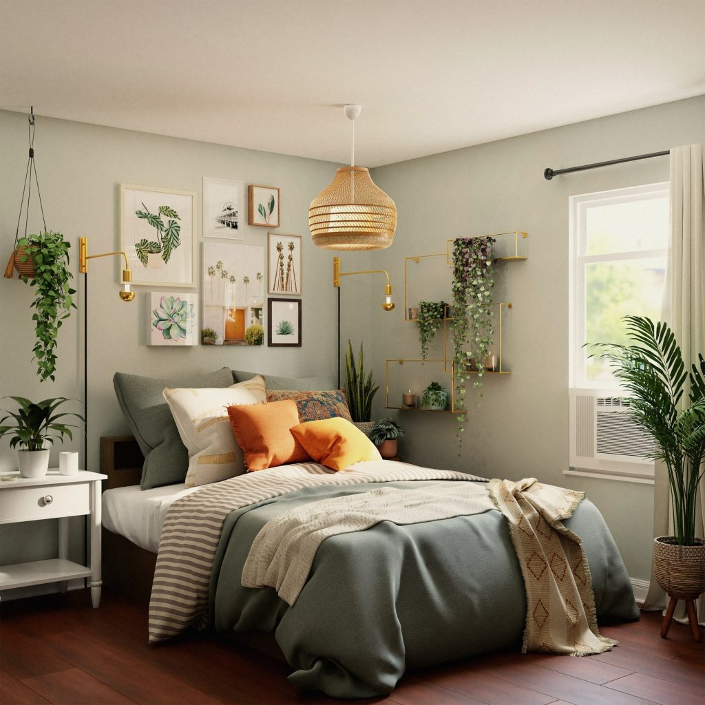 A serene guest bedroom in shades of sand and sage, with linen bedding.