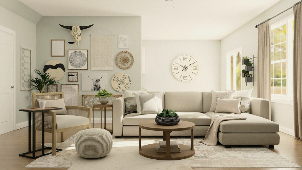 A soft cream salon with sculptural furniture and diffused morning light.