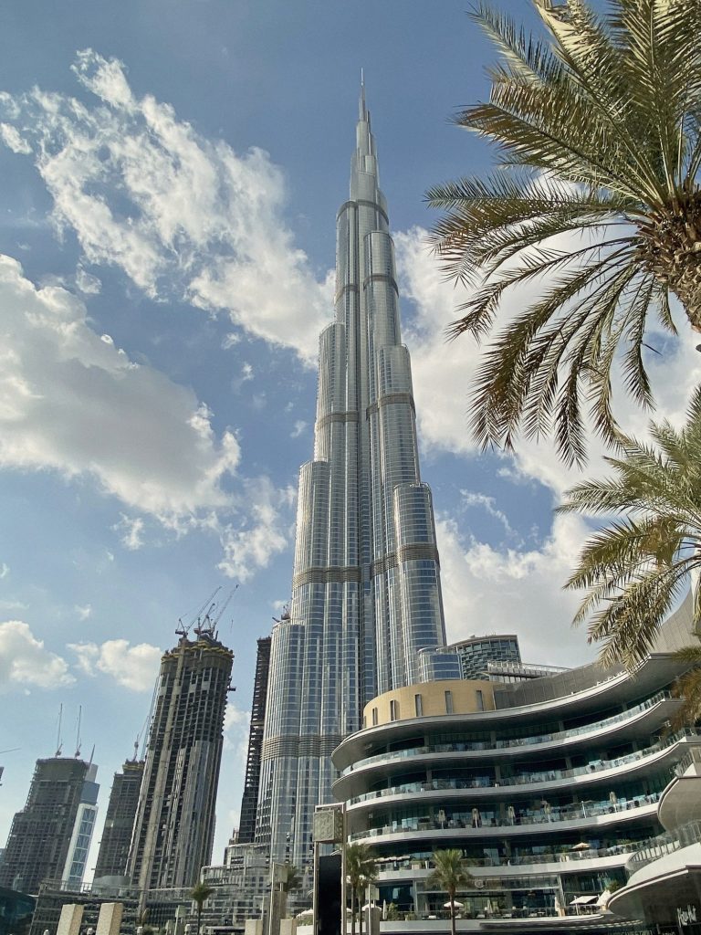 The Burj Khalifa and Dubai skyline framed by palm fronds.